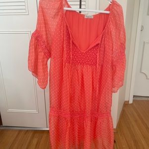 Beautiful coral dress with crochet and white polkadots made in Italy.